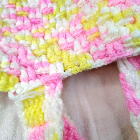 Hand Crochet Bag Pink Yellow White Vintage Double Strap Grandmacore Handbag 14" - Picture 11 of 16